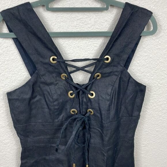 J Crew Linen Lace Up Tie Black Mini Dress Sleeveless V Neck LBD Sz 4 - Picture 2 of 12